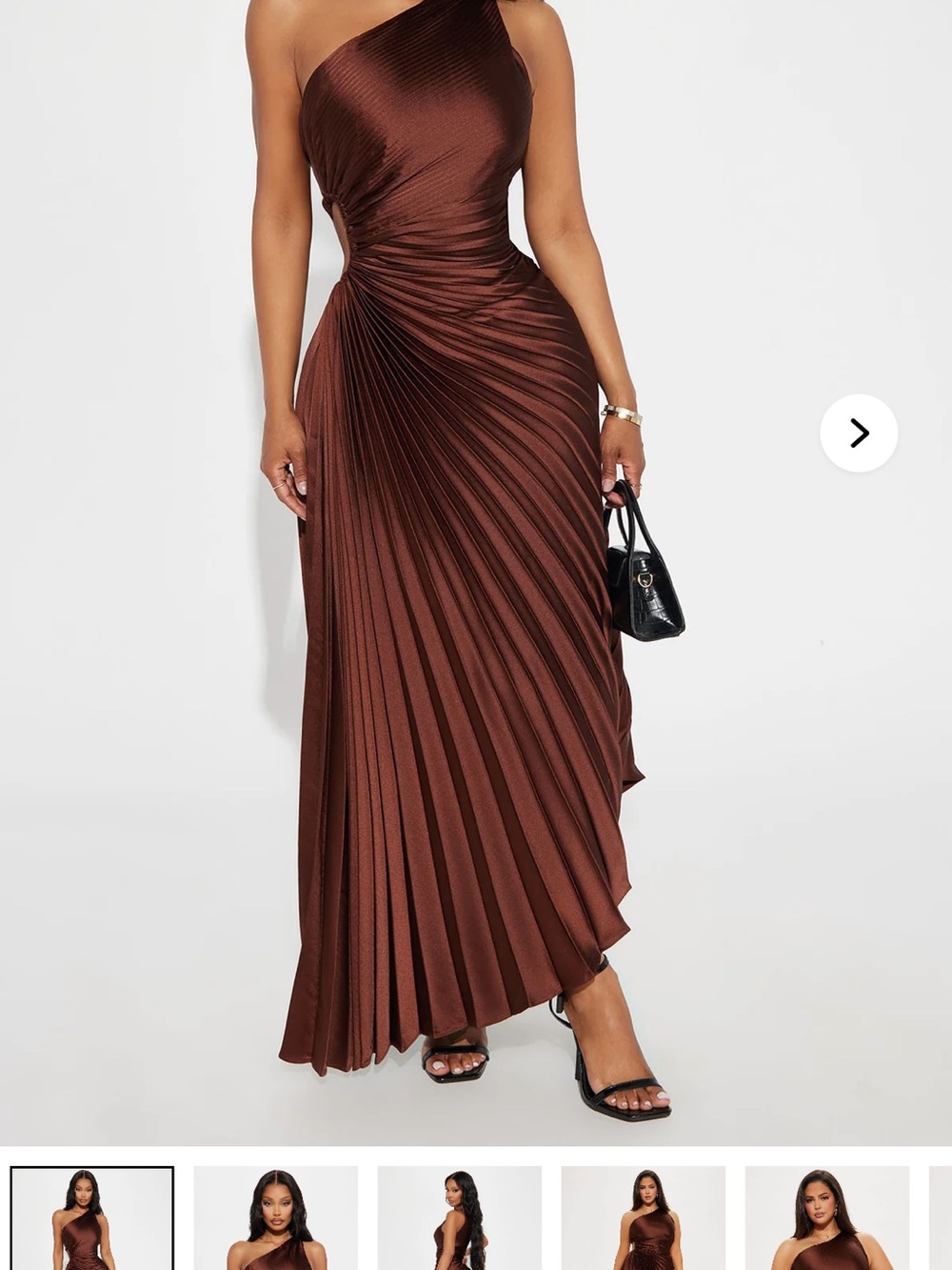 Fashion Nova One-Shoulder Pleated Maxi Dress in Brown
